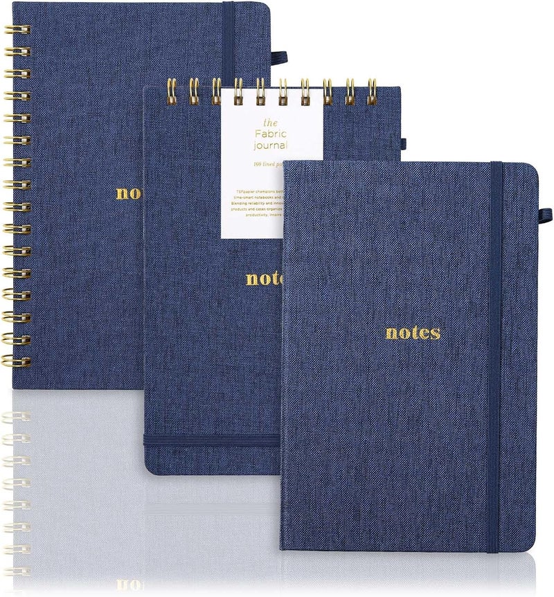 TSFPapier A5 Lined Journal Notebook – Hardcover Fabric Cover 160 Pages 100 GSM Thick Paper With Elastic Band & Pen Holder College Ruled Writing Notebooks for Work School Travel 3pack Dark Blue Set - Image 1